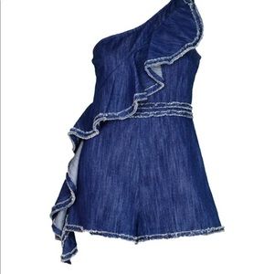 Alexis Denim One Shoulder Asymmetrical Ruffle Blakely Jumper/Romper Sz L
